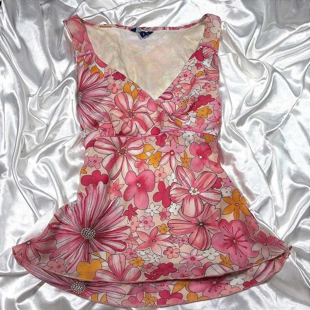 y2k vintage Sleeveless Top Pink Retro Floral Faux Wrap Back Tie S